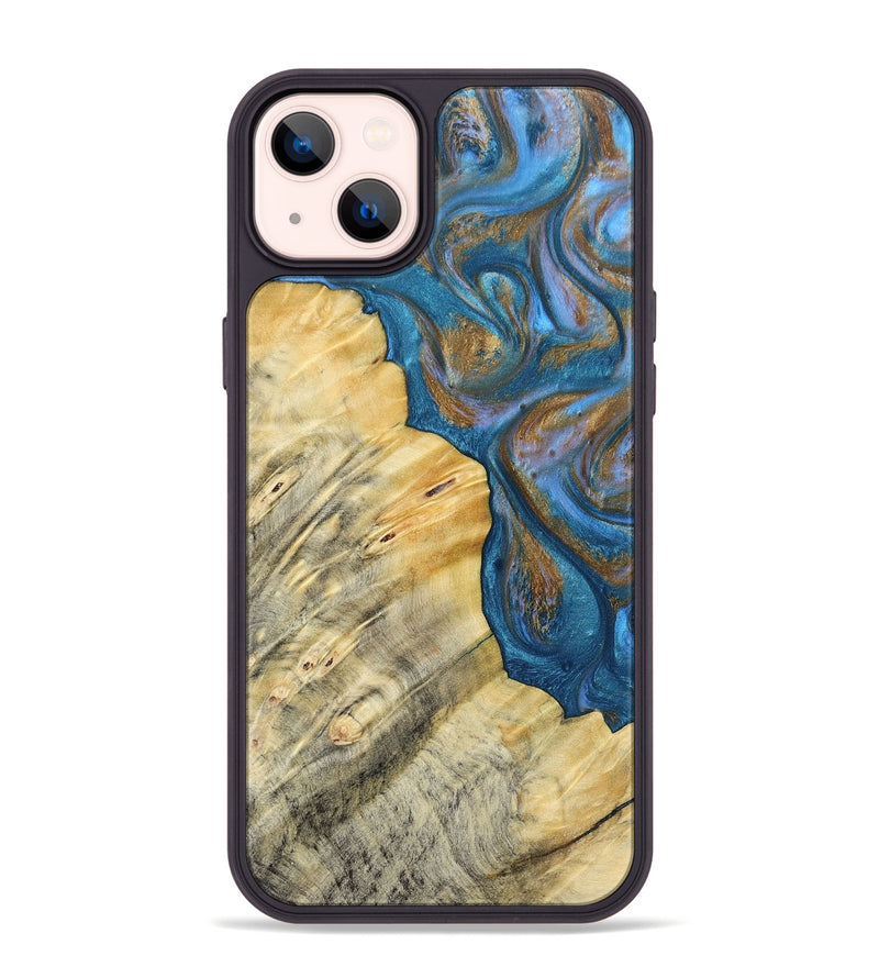 iPhone 14 Plus Wood+Resin Phone Case - Kathi (Teal & Gold, 693514)