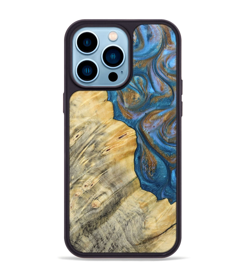 iPhone 14 Pro Max Wood+Resin Phone Case - Kathi (Teal & Gold, 693514)
