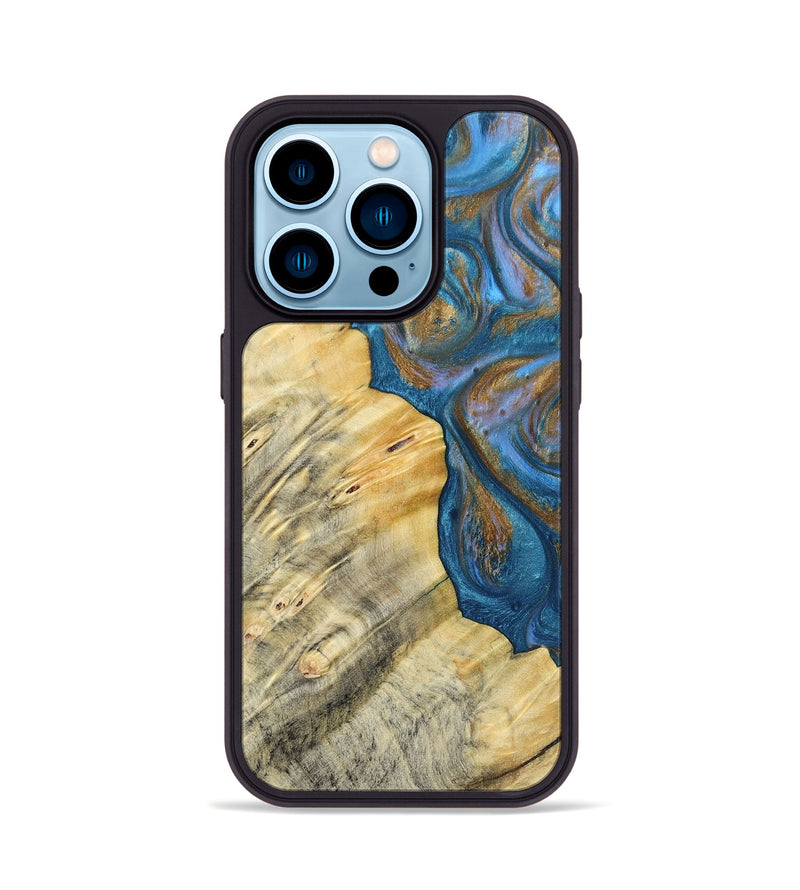 iPhone 14 Pro Wood+Resin Phone Case - Kathi (Teal & Gold, 693514)