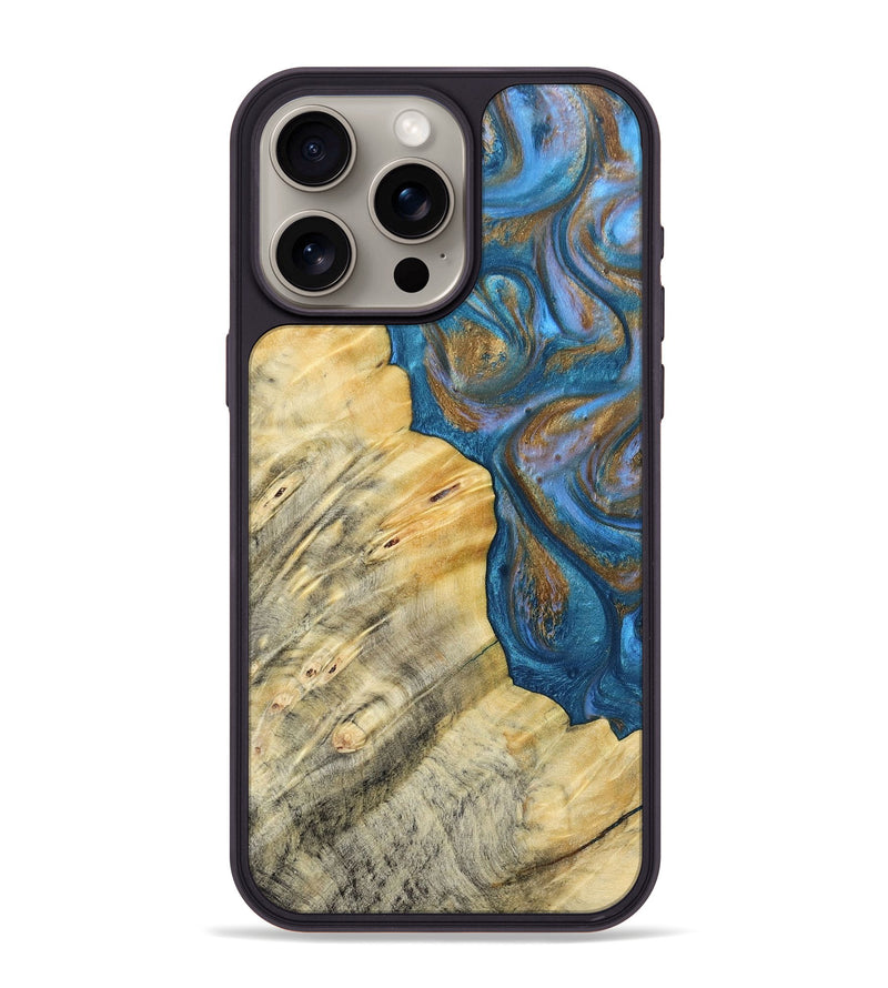 iPhone 15 Pro Max Wood+Resin Phone Case - Kathi (Teal & Gold, 693514)