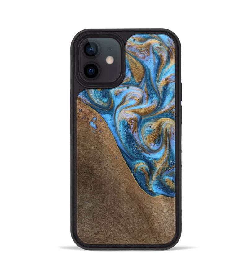 iPhone 12 Wood+Resin Phone Case - Chandler (Teal & Gold, 693516)