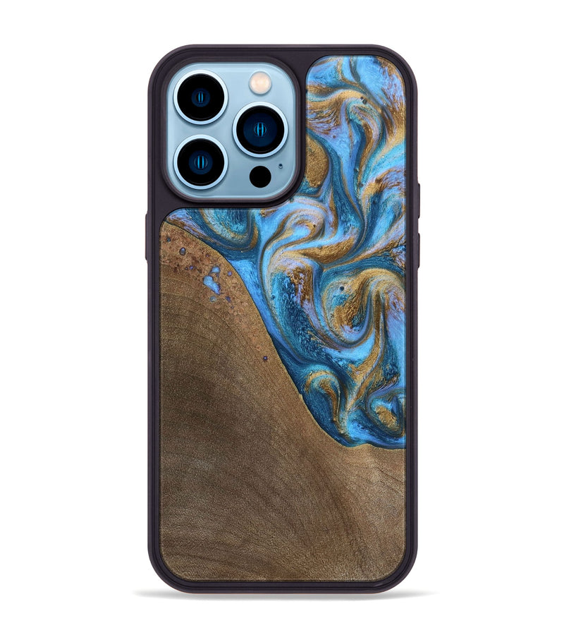 iPhone 14 Pro Max Wood+Resin Phone Case - Chandler (Teal & Gold, 693516)