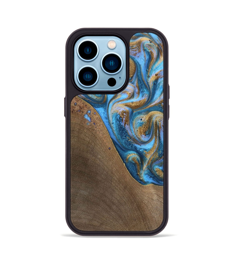 iPhone 14 Pro Wood+Resin Phone Case - Chandler (Teal & Gold, 693516)