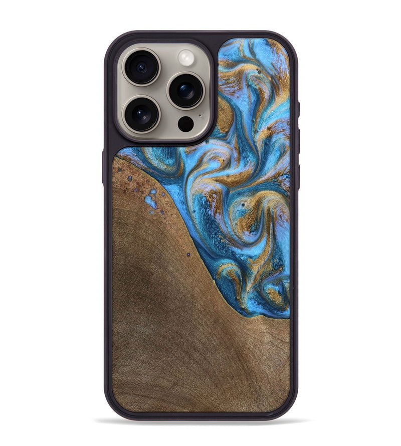 iPhone 15 Pro Max Wood+Resin Phone Case - Chandler (Teal & Gold, 693516)