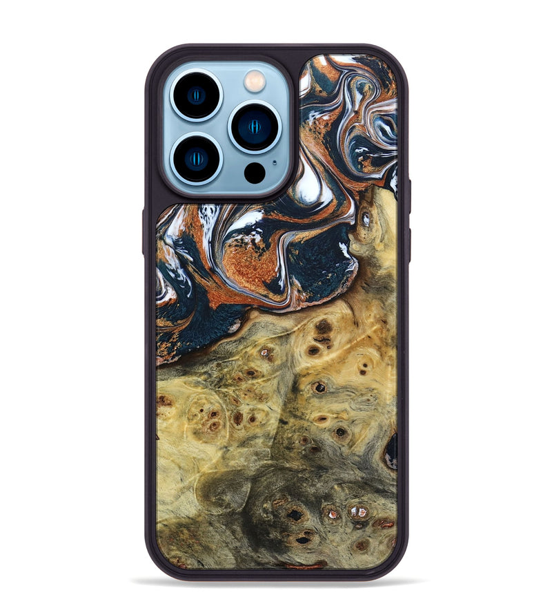 iPhone 14 Pro Max Wood+Resin Phone Case - Cecelia (Teal & Gold, 693519)