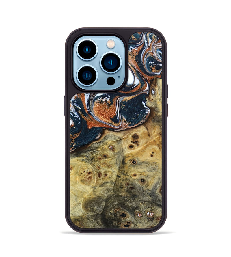 iPhone 14 Pro Wood+Resin Phone Case - Cecelia (Teal & Gold, 693519)