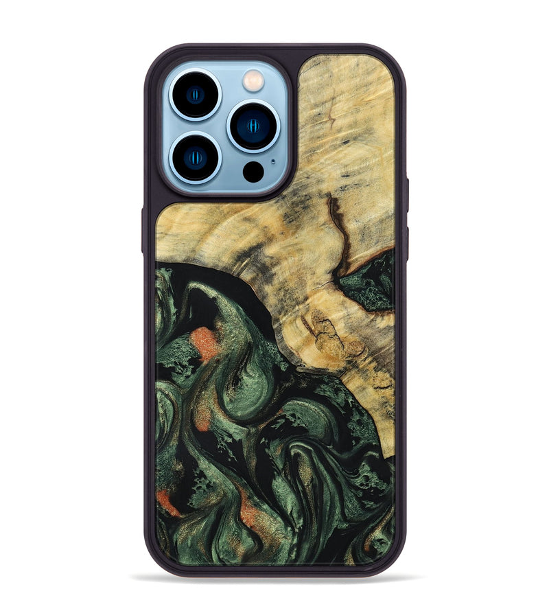 iPhone 14 Pro Max Wood+Resin Phone Case - Tasha (Green, 693557)