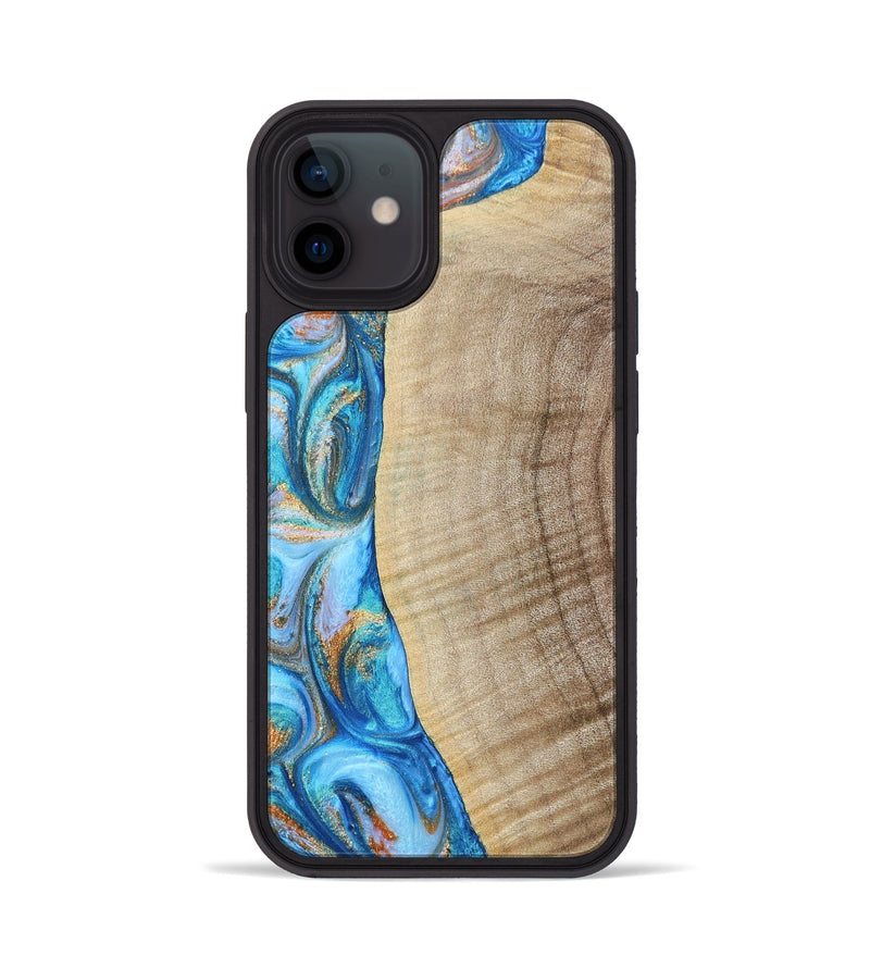 iPhone 12 Wood+Resin Phone Case - Shelia (Teal & Gold, 693754)
