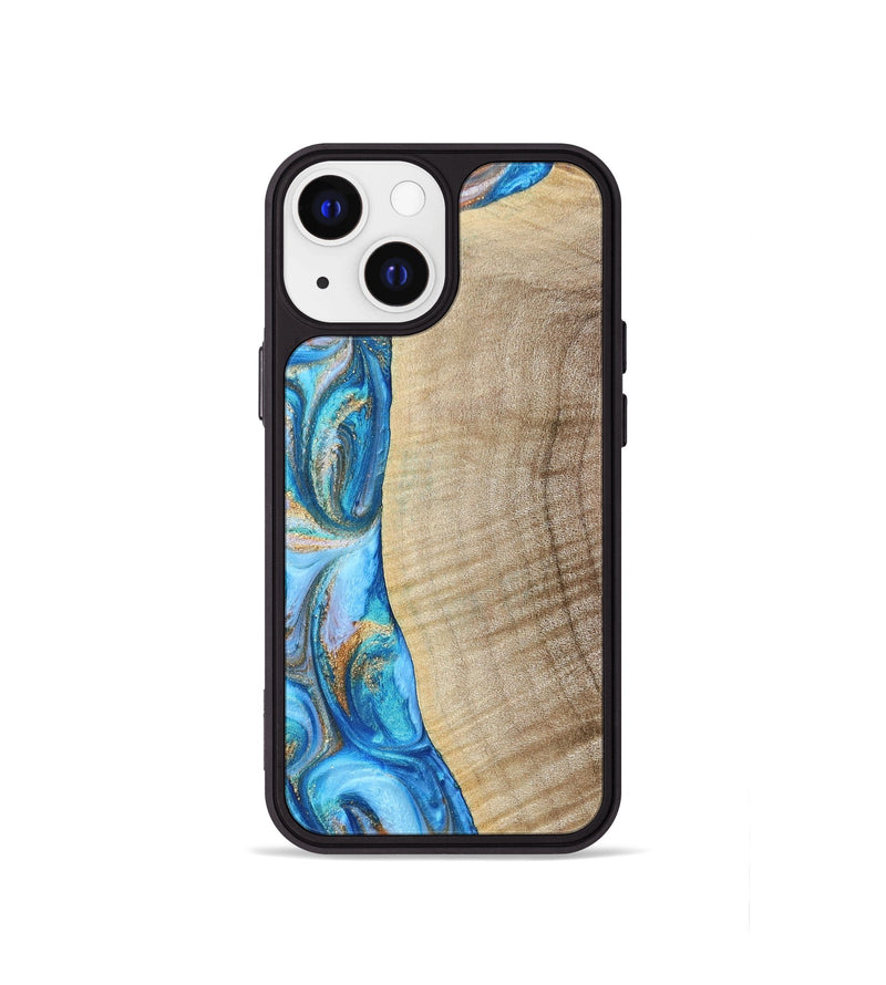 iPhone 13 mini Wood+Resin Phone Case - Shelia (Teal & Gold, 693754)