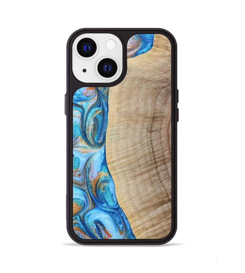 iPhone 13 Wood+Resin Phone Case - Shelia (Teal & Gold, 693754)