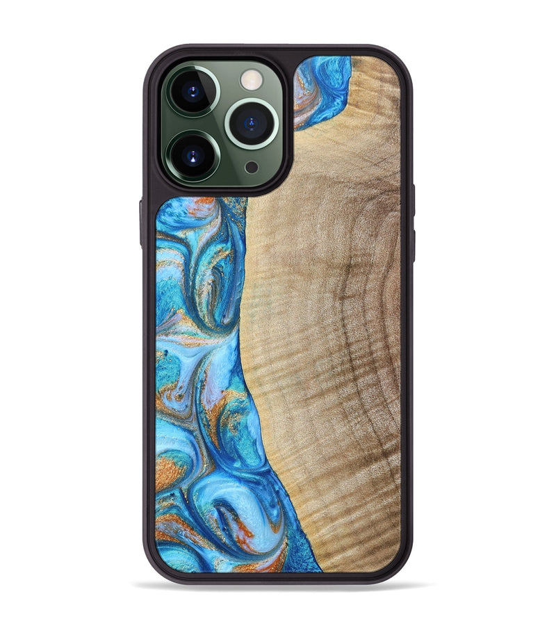 iPhone 13 Pro Max Wood+Resin Phone Case - Shelia (Teal & Gold, 693754)