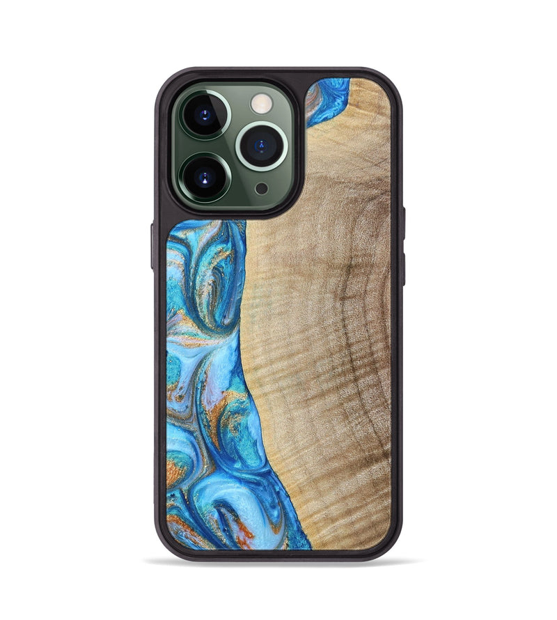 iPhone 13 Pro Wood+Resin Phone Case - Shelia (Teal & Gold, 693754)