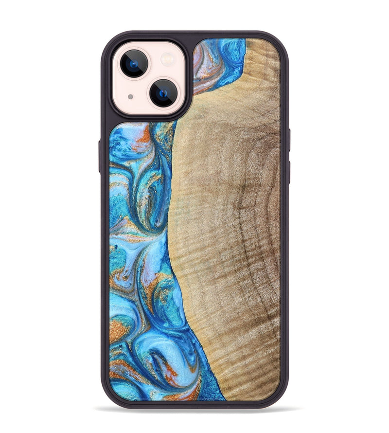 iPhone 14 Plus Wood+Resin Phone Case - Shelia (Teal & Gold, 693754)