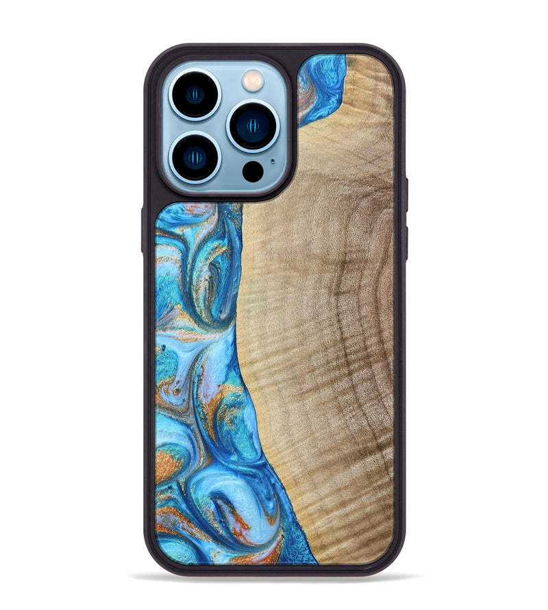 iPhone 14 Pro Max Wood+Resin Phone Case - Shelia (Teal & Gold, 693754)