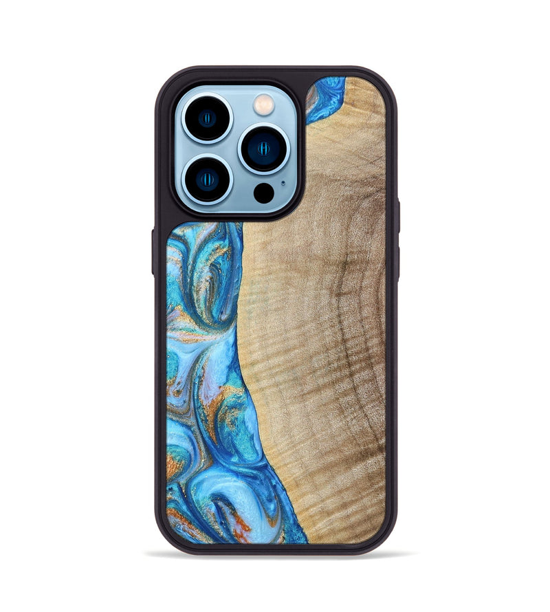 iPhone 14 Pro Wood+Resin Phone Case - Shelia (Teal & Gold, 693754)