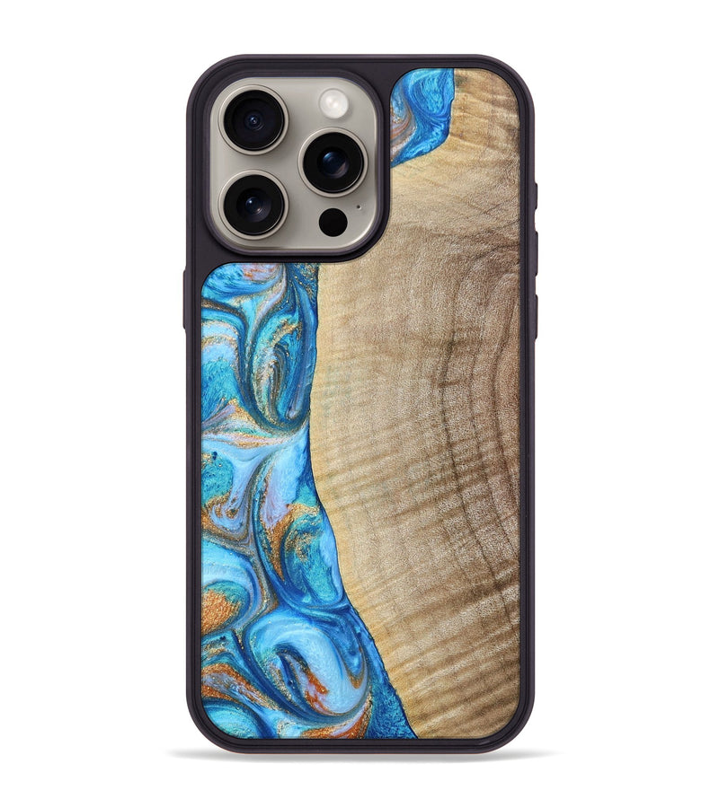 iPhone 15 Pro Max Wood+Resin Phone Case - Shelia (Teal & Gold, 693754)