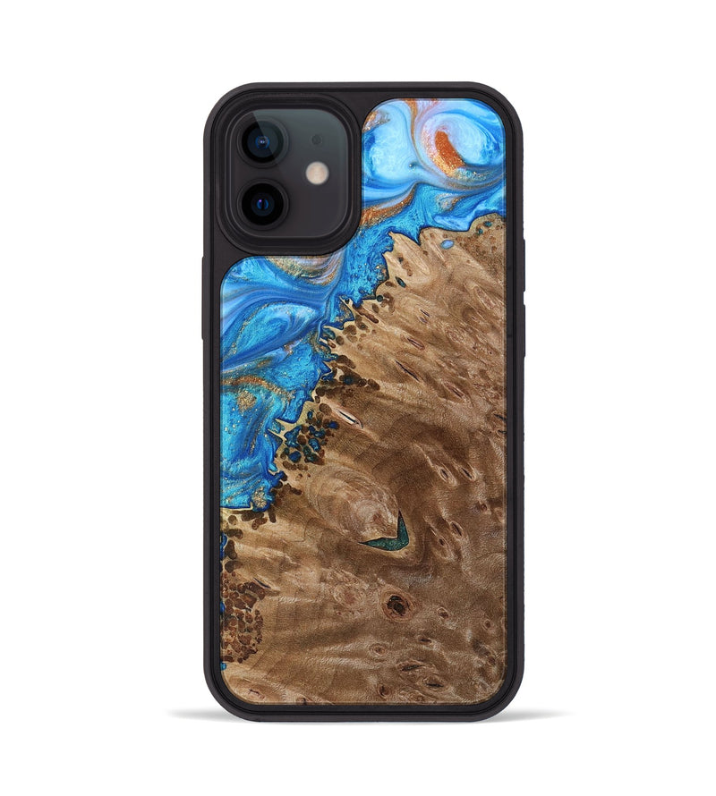 iPhone 12 Wood+Resin Phone Case - Alisa (Teal & Gold, 693761)
