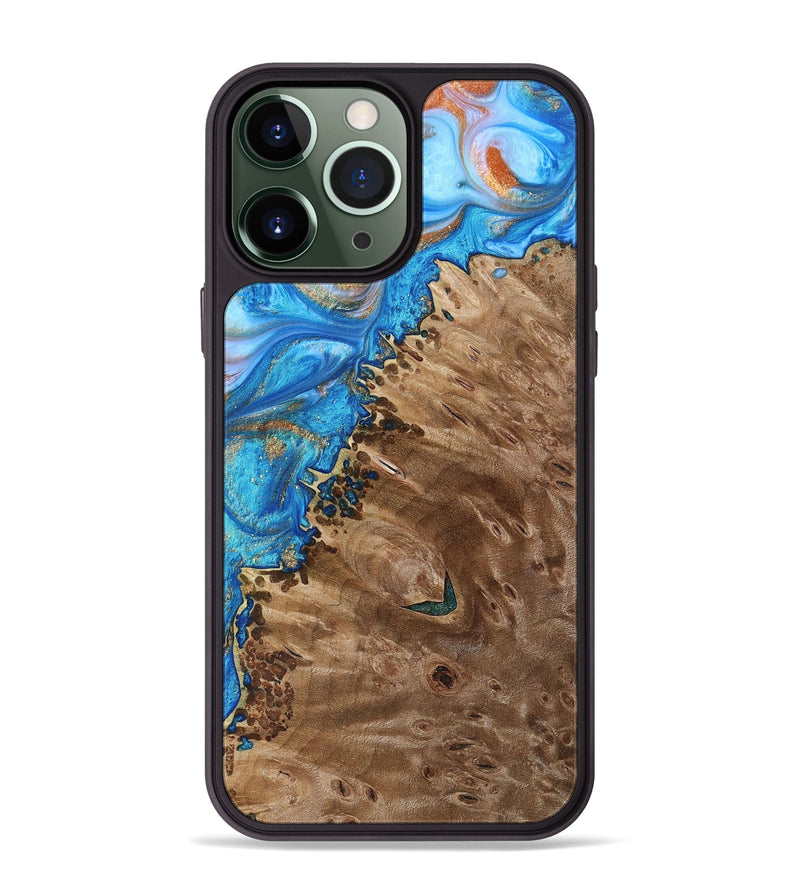 iPhone 13 Pro Max Wood+Resin Phone Case - Alisa (Teal & Gold, 693761)