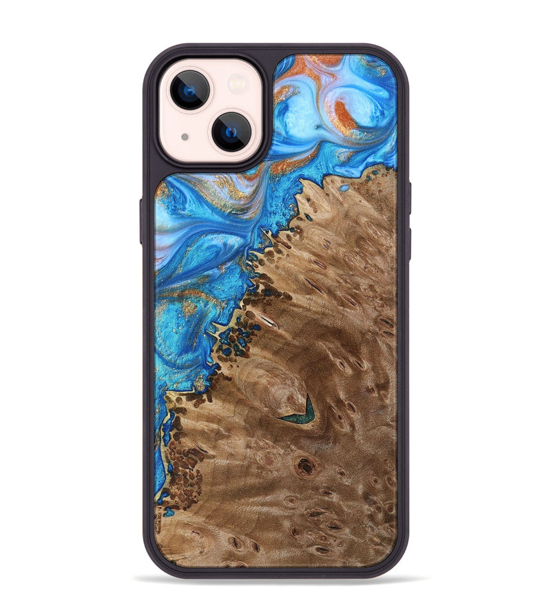 iPhone 14 Plus Wood+Resin Phone Case - Alisa (Teal & Gold, 693761)