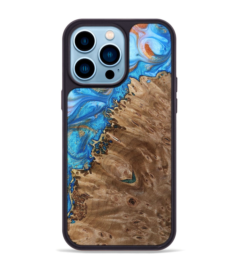 iPhone 14 Pro Max Wood+Resin Phone Case - Alisa (Teal & Gold, 693761)