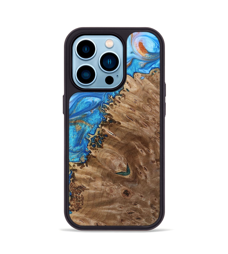 iPhone 14 Pro Wood+Resin Phone Case - Alisa (Teal & Gold, 693761)
