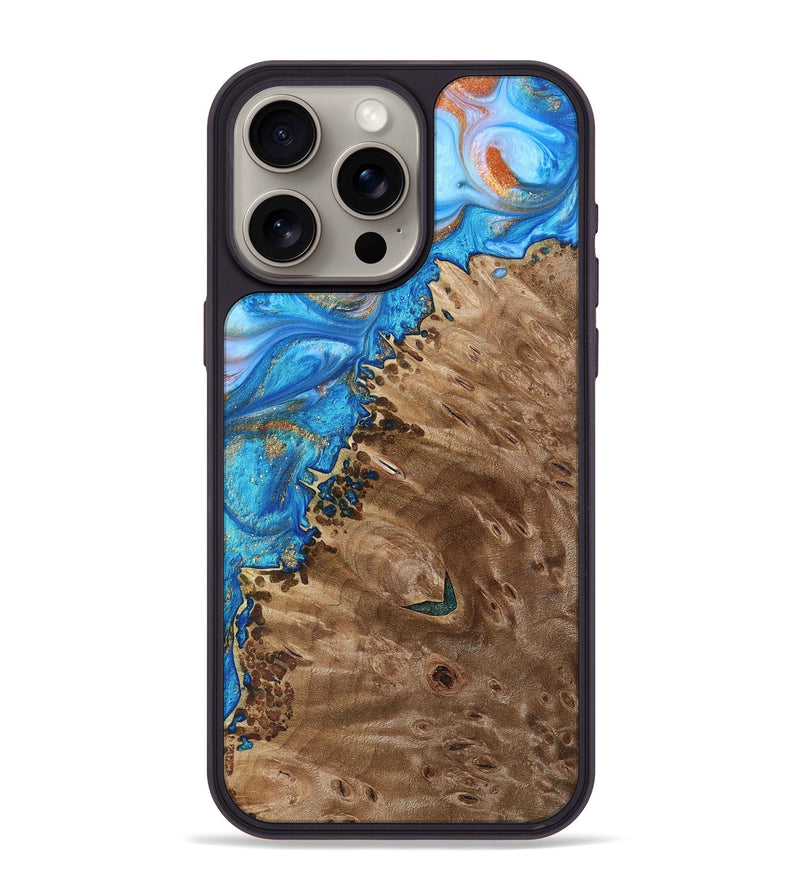 iPhone 15 Pro Max Wood+Resin Phone Case - Alisa (Teal & Gold, 693761)