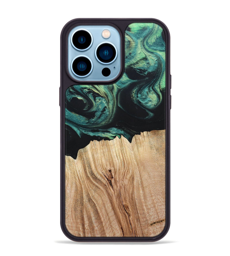 iPhone 14 Pro Max Wood+Resin Phone Case - Latoya (Green, 694155)