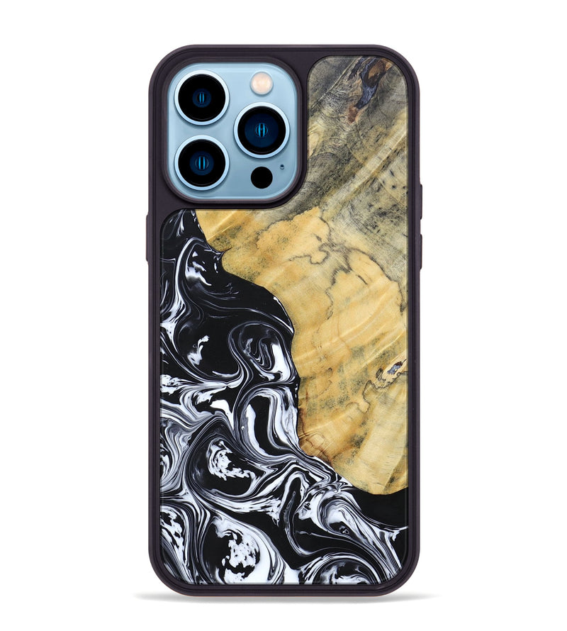 iPhone 14 Pro Max Wood+Resin Phone Case - Lucinda (Black & White, 694281)