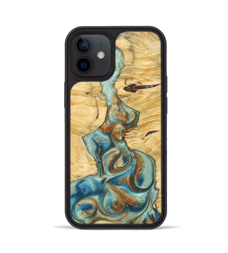 iPhone 12 Wood+Resin Phone Case - Celeste (Teal & Gold, 694303)