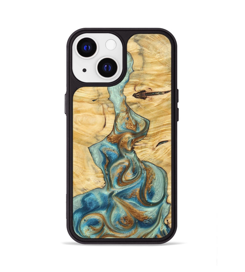 iPhone 13 Wood+Resin Phone Case - Celeste (Teal & Gold, 694303)