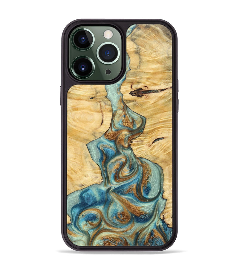 iPhone 13 Pro Max Wood+Resin Phone Case - Celeste (Teal & Gold, 694303)