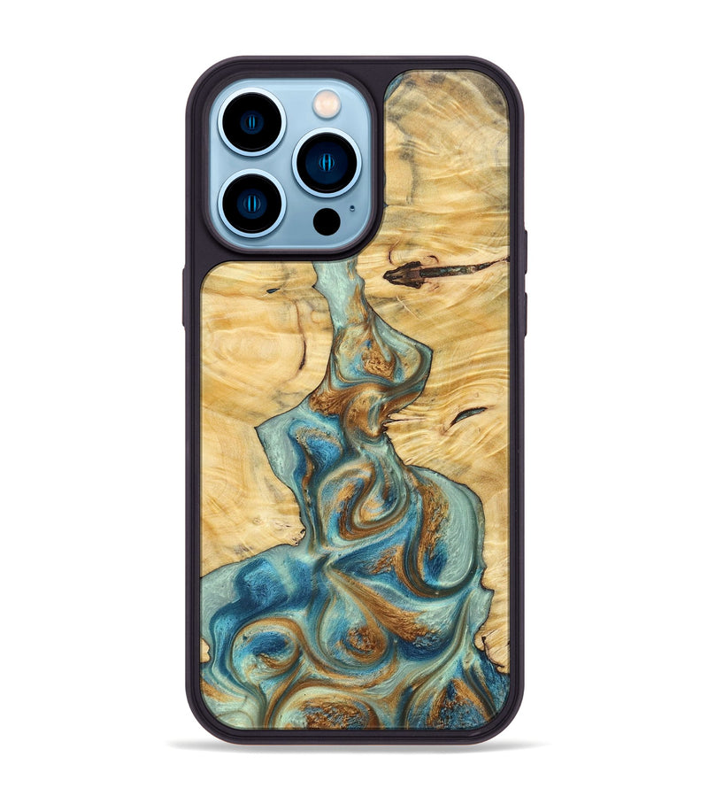 iPhone 14 Pro Max Wood+Resin Phone Case - Celeste (Teal & Gold, 694303)