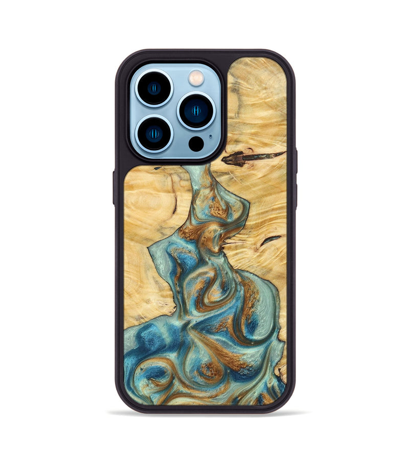 iPhone 14 Pro Wood+Resin Phone Case - Celeste (Teal & Gold, 694303)