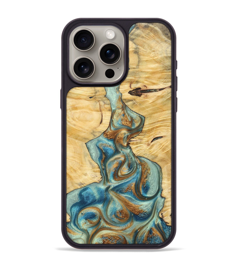 iPhone 15 Pro Max Wood+Resin Phone Case - Celeste (Teal & Gold, 694303)