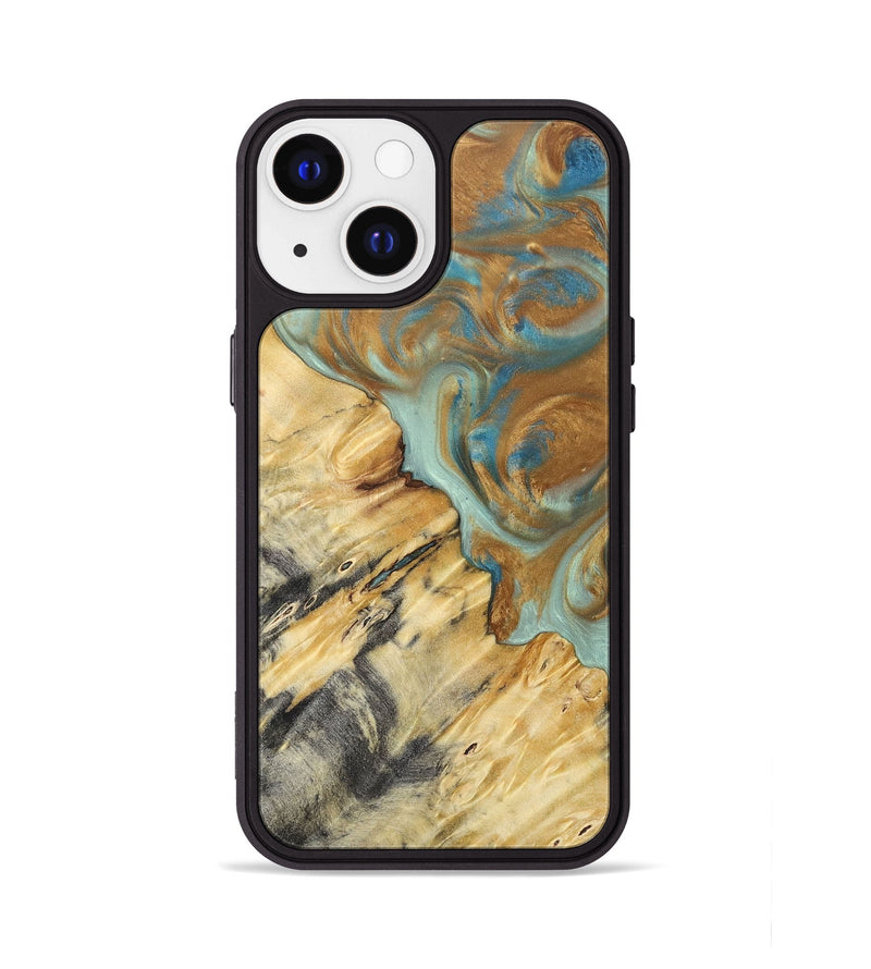 iPhone 13 Wood+Resin Phone Case - Rylee (Teal & Gold, 694311)