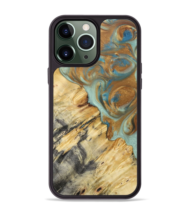 iPhone 13 Pro Max Wood+Resin Phone Case - Rylee (Teal & Gold, 694311)