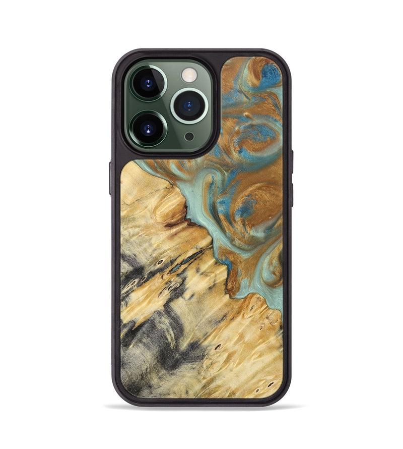 iPhone 13 Pro Wood+Resin Phone Case - Rylee (Teal & Gold, 694311)