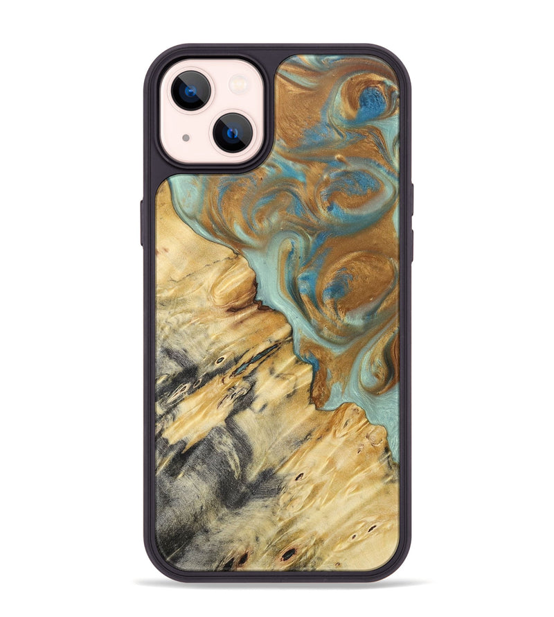 iPhone 14 Plus Wood+Resin Phone Case - Rylee (Teal & Gold, 694311)