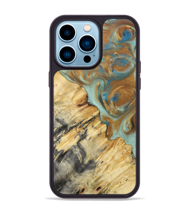 iPhone 14 Pro Max Wood+Resin Phone Case - Rylee (Teal & Gold, 694311)