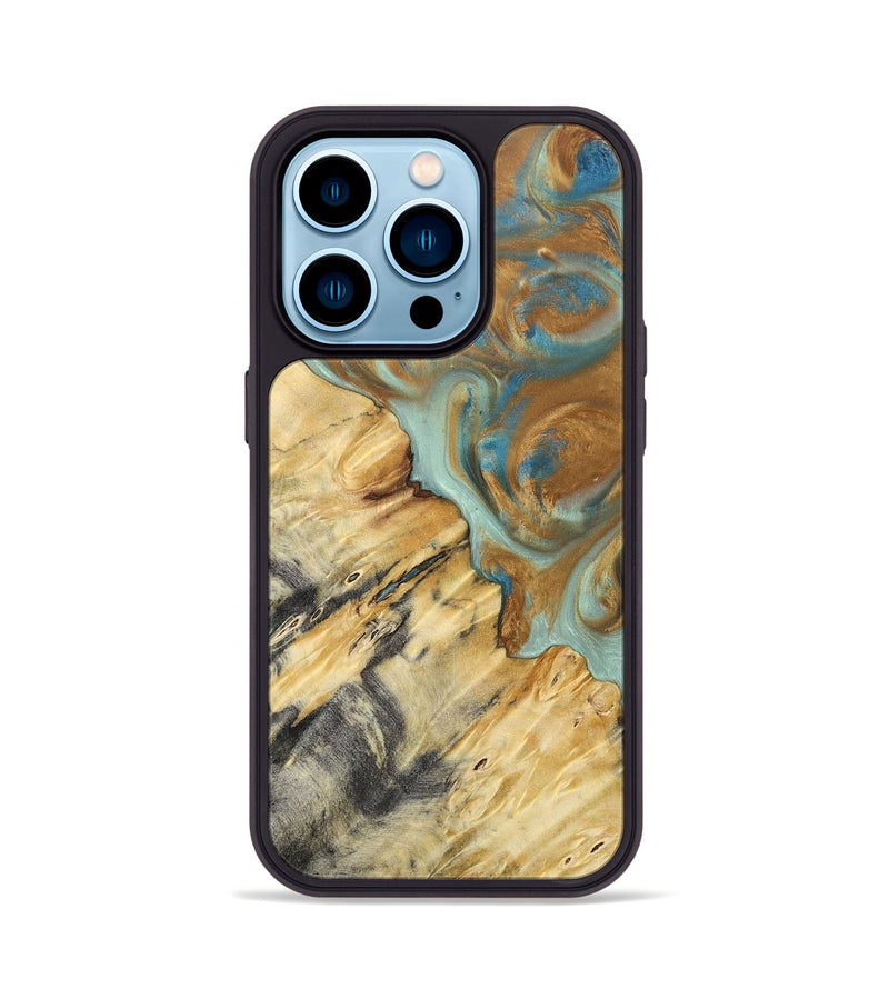 iPhone 14 Pro Wood+Resin Phone Case - Rylee (Teal & Gold, 694311)
