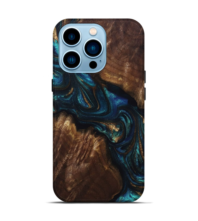 iPhone 14 Pro Wood+Resin Live Edge Phone Case - Leticia (Teal & Gold, 694879)