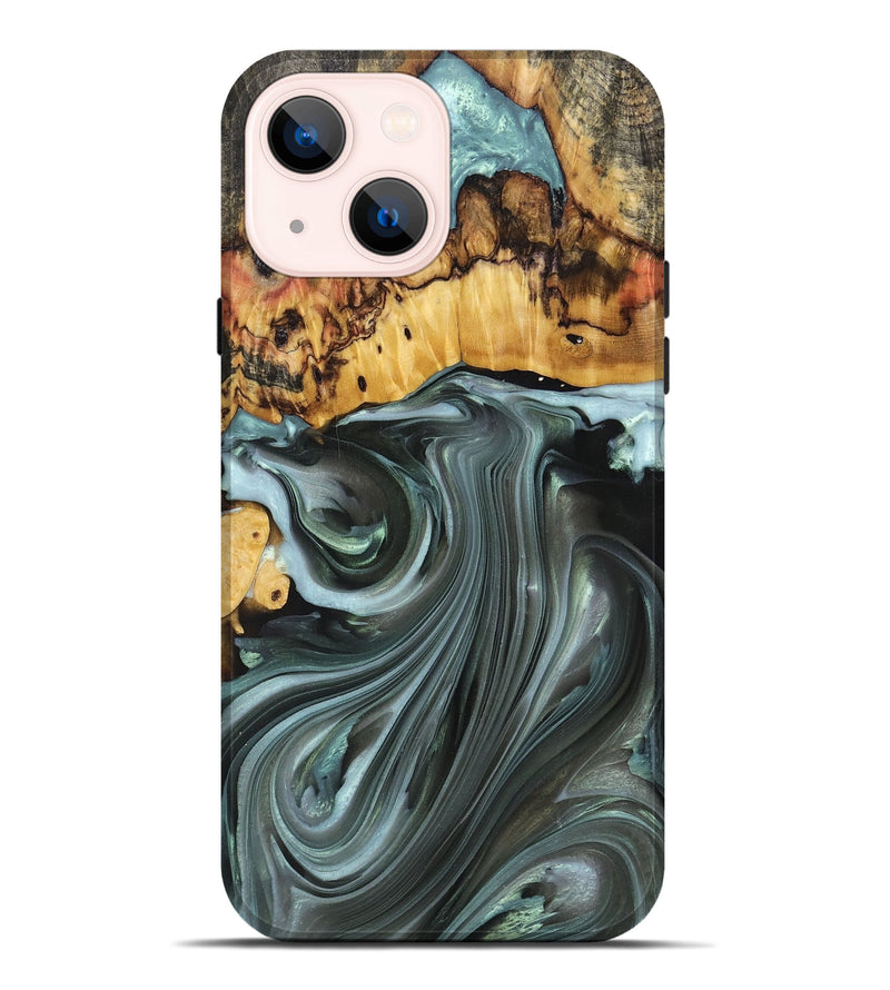 iPhone 14 Plus Wood+Resin Live Edge Phone Case - Teresa (Green, 694885)