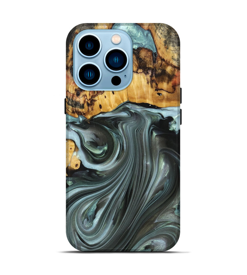 iPhone 14 Pro Wood+Resin Live Edge Phone Case - Teresa (Green, 694885)