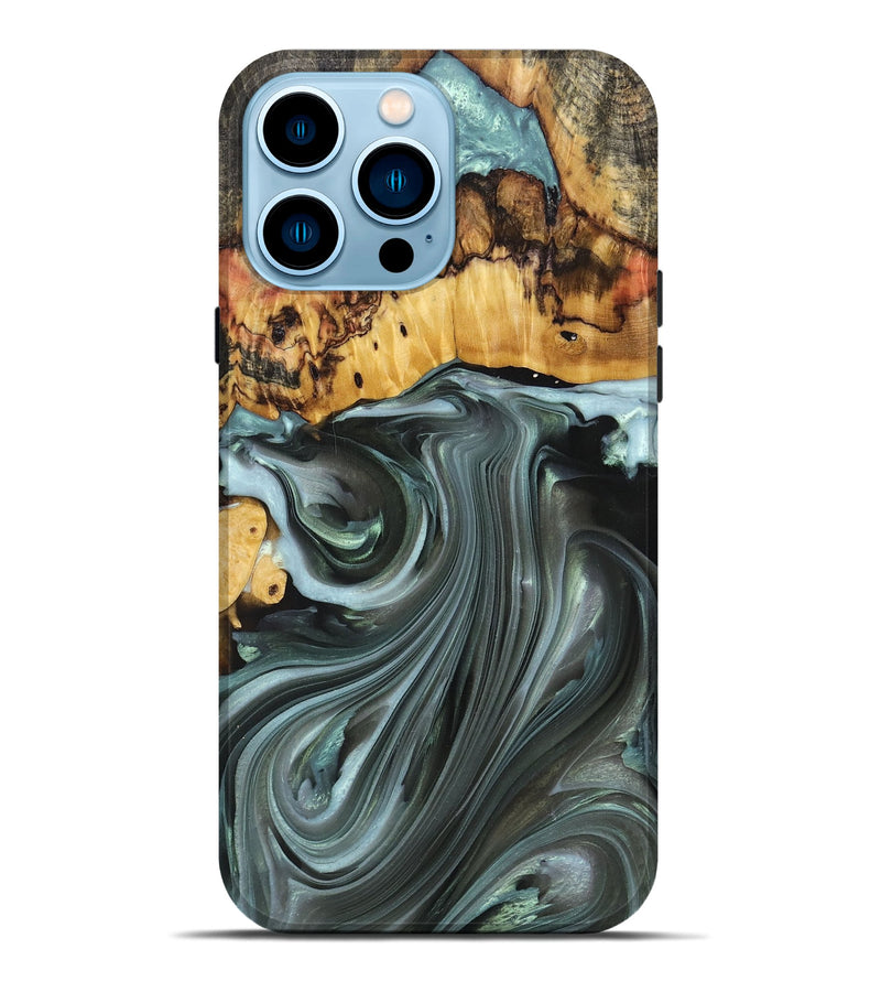 iPhone 14 Pro Max Wood+Resin Live Edge Phone Case - Teresa (Green, 694885)