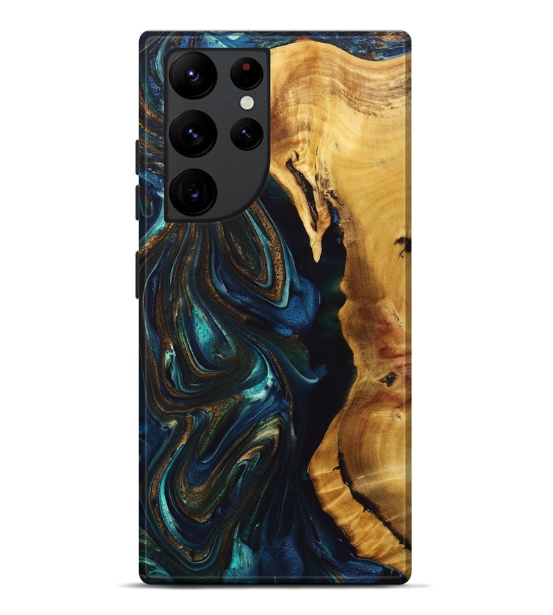 Galaxy S22 Ultra Wood+Resin Live Edge Phone Case - Kaelyn (Teal & Gold, 694973)
