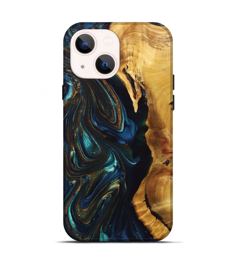 iPhone 13 Wood+Resin Live Edge Phone Case - Kaelyn (Teal & Gold, 694973)