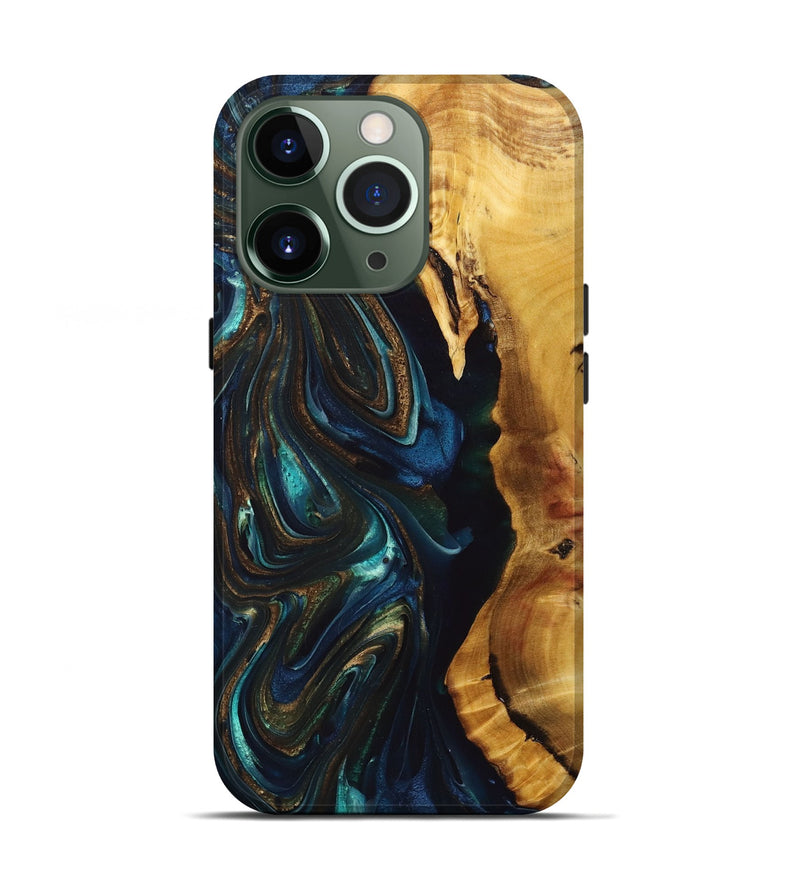 iPhone 13 Pro Wood+Resin Live Edge Phone Case - Kaelyn (Teal & Gold, 694973)
