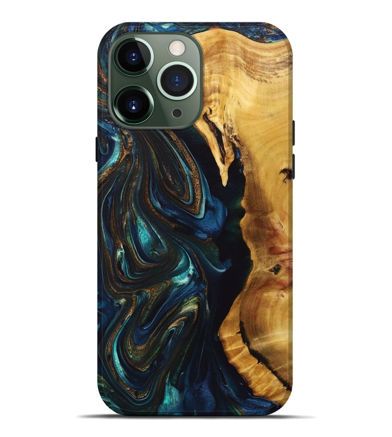 iPhone 13 Pro Max Wood+Resin Live Edge Phone Case - Kaelyn (Teal & Gold, 694973)