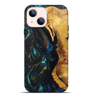 iPhone 14 Plus Wood+Resin Live Edge Phone Case - Kaelyn (Teal & Gold, 694973)