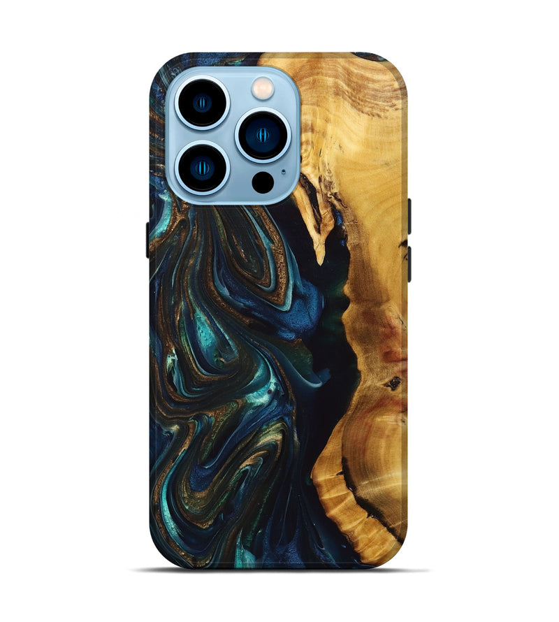 iPhone 14 Pro Wood+Resin Live Edge Phone Case - Kaelyn (Teal & Gold, 694973)